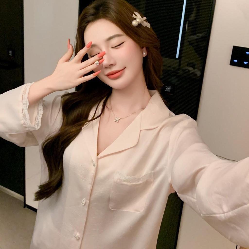 2026 Women's Luxury Ice Silk Lace Hollow Long Sleeve Pajama Set