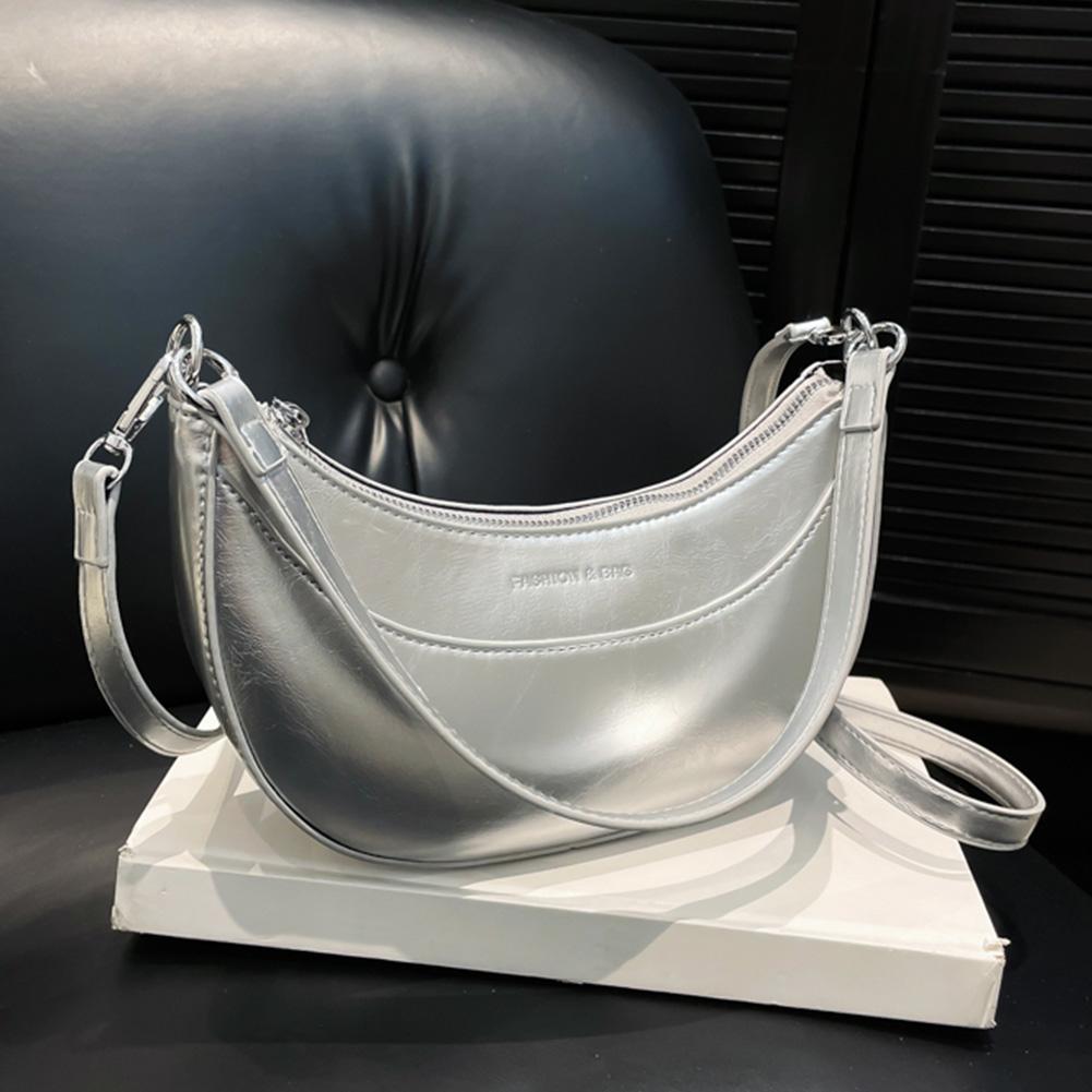 Women PU Simple Carrying Bag Large Capacity Trendy Tote Handbag Zipper Closure Crescent Hobo Bag Adjustable Strap Shoulder Purse