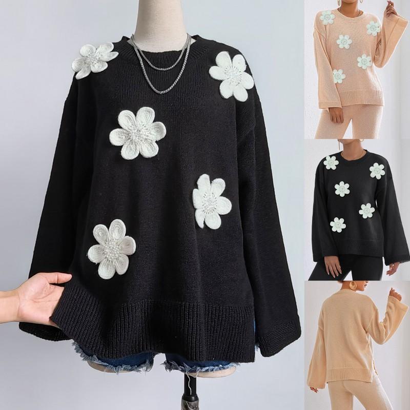 Womens Oversized Knit Sweater With Embroidered Floral Appliqu Beaded Detail V-Neck Long Sleeve Loose Fit Winter Top