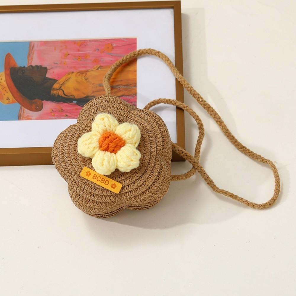 Cute Handmade Straw Bag Flower Shape Woven Shoulder Bag Summer Beach Bag for Children Girls