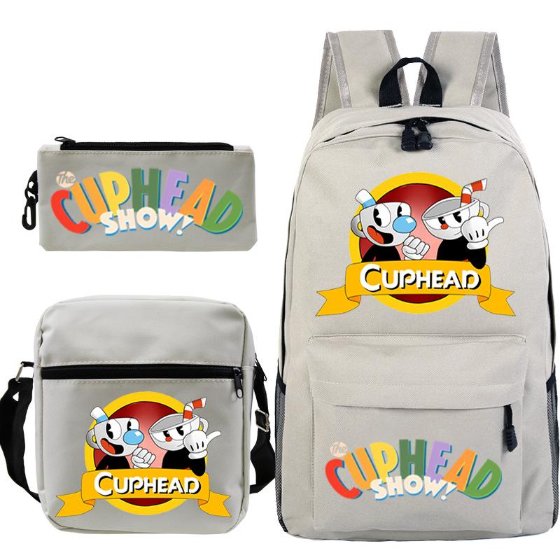 Cartoon Teacup Head Cuphead Student School Bag Backpack Three-piece Set Children's Shoulder Bag Pencil Bag