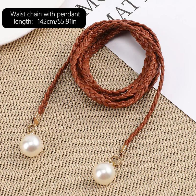 Retro Pu Braided Pearl Belt Waist Chain Versatile Women Leather Rope Waistband Waist Rope Jeans Dresses Clothing Accessories