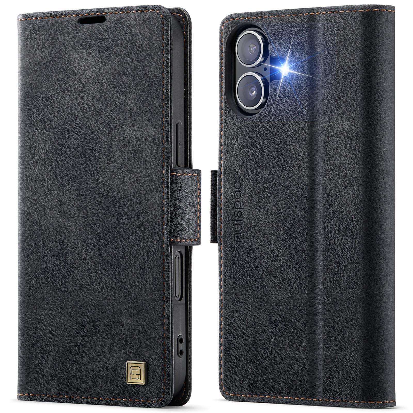 

For iPhone 16 Case AUTSPACE A11 RFID Blocking Retro Leather Cell Phone Wallet Cover Black