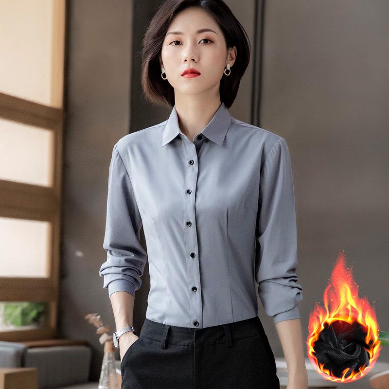 Women's Fleece-Lined Long-Sleeve Shirt: New Autumn/Winter Style, Thick & Warm Base Layer, Professional Formal Wear