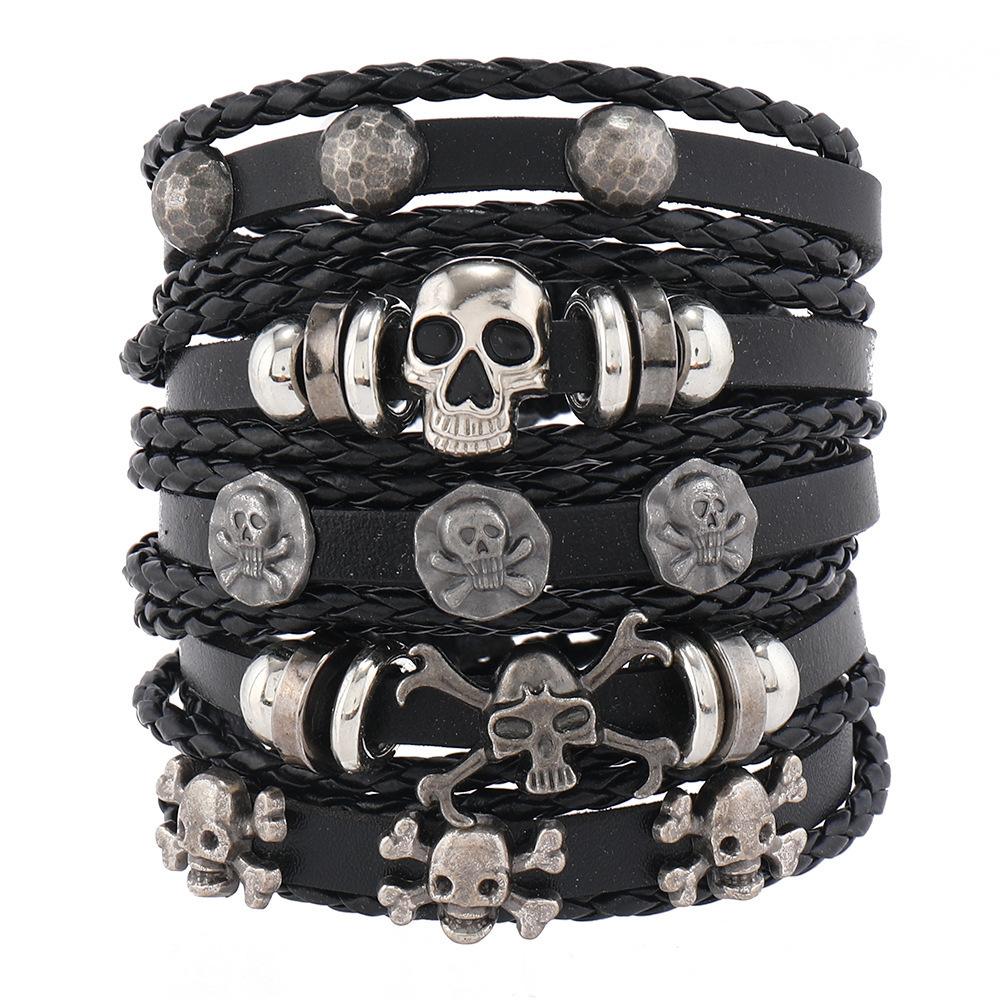 Alloy Men's Bracelet, Multi-layered Leather Skull Bangle, Viking Bracelet