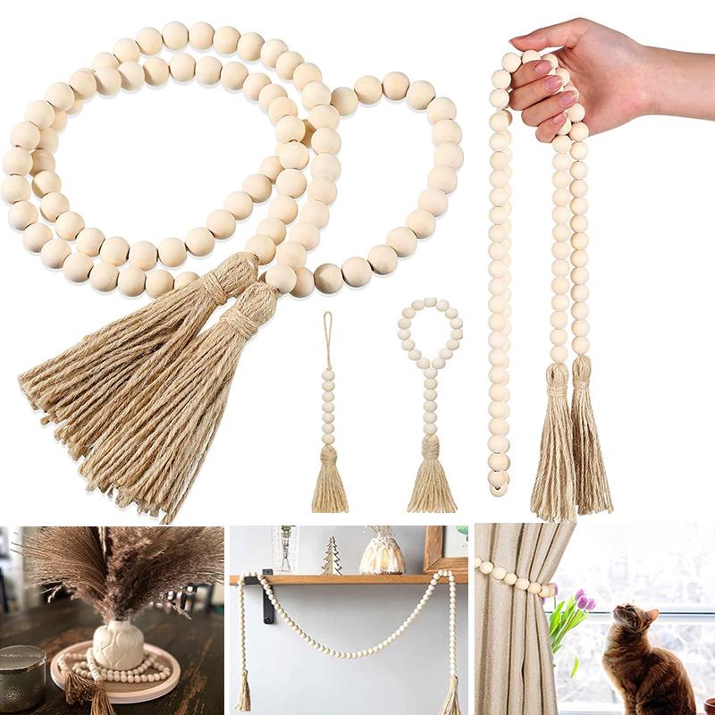 Wooden Handmade boho DIY Rattan Natural Wood Bead Garland Tassel Craft Rustic Country Beads Home Wall Hanging Decoration