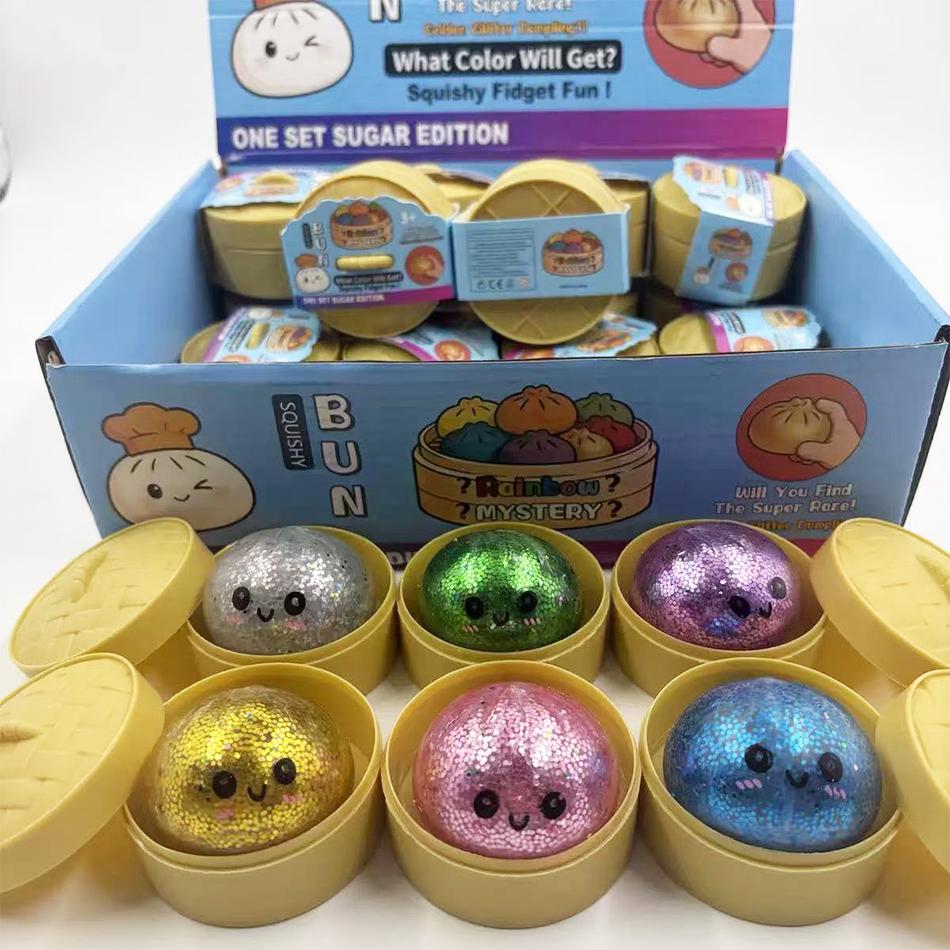 Glitter Dumpling Squishy Toy With Storage Box Soft Tpr Dough Steamer Ball Sensory Fidget Toy Stress Relief Gift