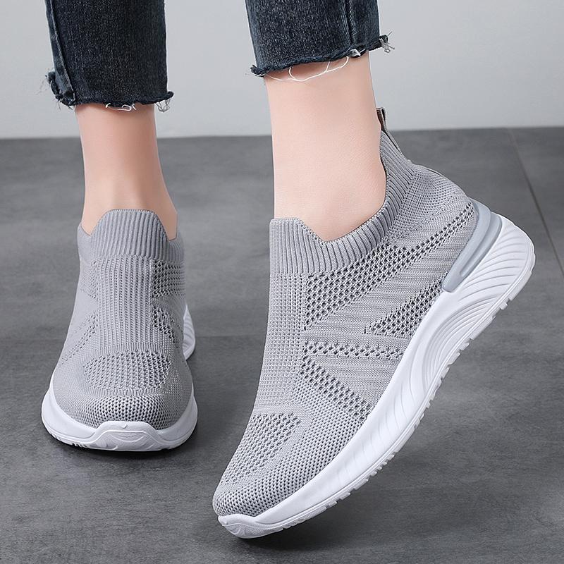 Women Knitted Mesh Flats Light Breathable Running Shoes Elastic Casual Sneakers Slip-on Socks Shoes Walking Shoes