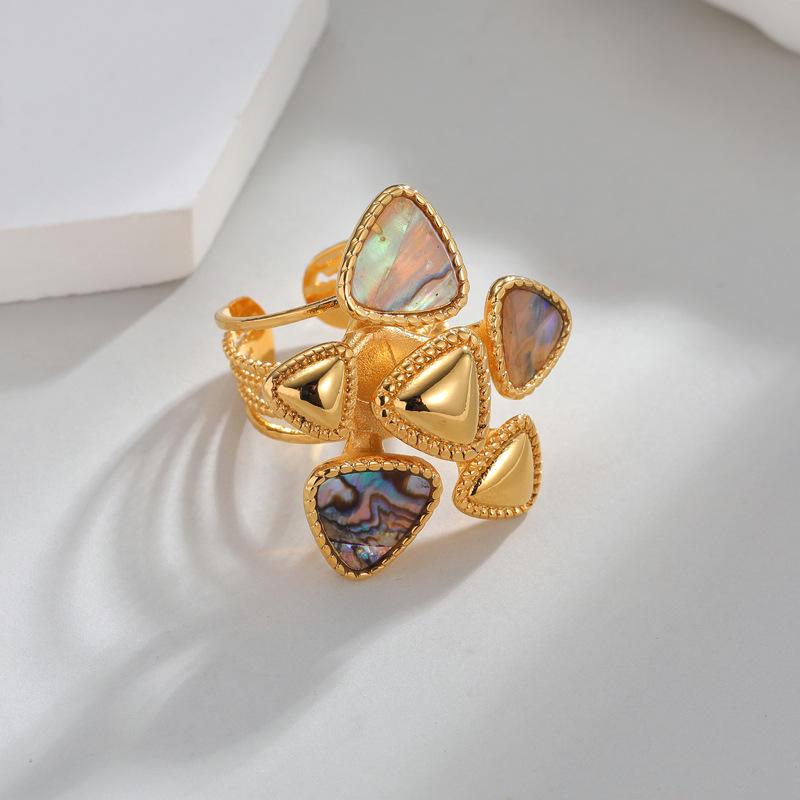 18K Gold European and American Stainless Steel Open Ring with Geometric Abalone Shell Design for Women