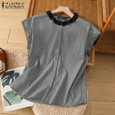 Womens Summer Round Neck Sleeveless Plaid Shirts