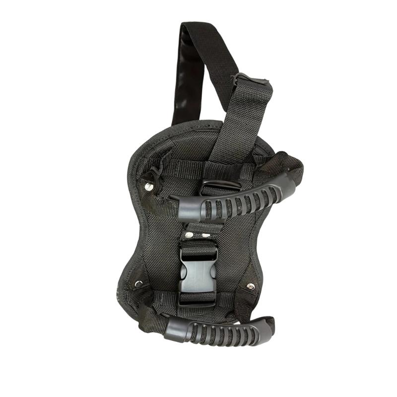 Black Rear Seat Hand Grip for Motorcycle Passenger Travel, Buckle Strap Design With Padded Woven Fabric Support Base Panel for Road Use