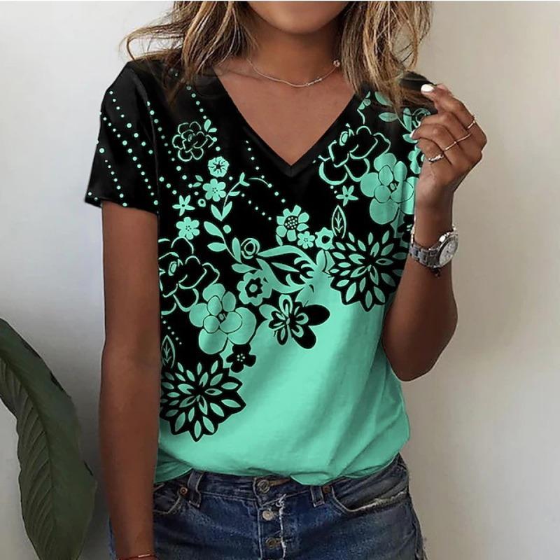 Women V Neck Floral Print Lace Patchwork Short Sleeve Casual T Shirt
