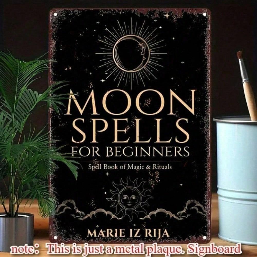 MOON SPIRIT 8x12 Inch Alchemy Wall Art Metal Sign Black Celestial Decor with Gold Lettering Crescent Moon Stars 20x30cm