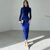 Women's Spring Solid Color Slim Pleated Round Neck Long Sleeve Dresses