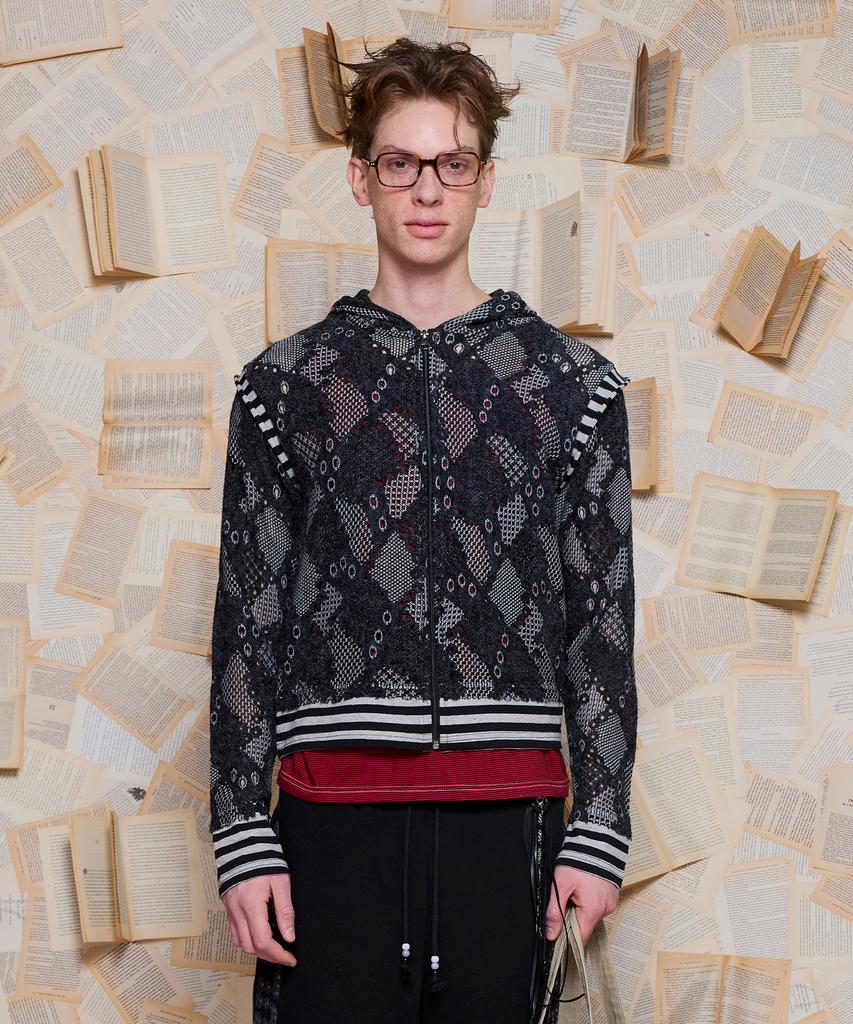 Unalloyed Crochet Zip-Up Knit Hoodie / Charcoal