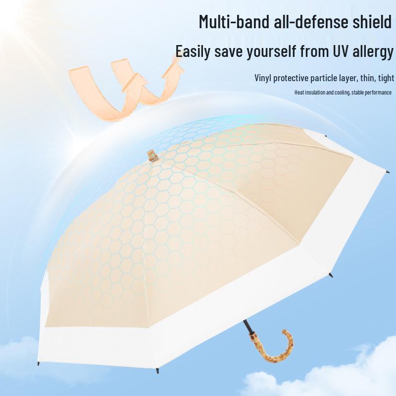 Bamboo Handle Two-Fold Umbrella - Lightweight Black UV Protection and Sunscreen Parasol