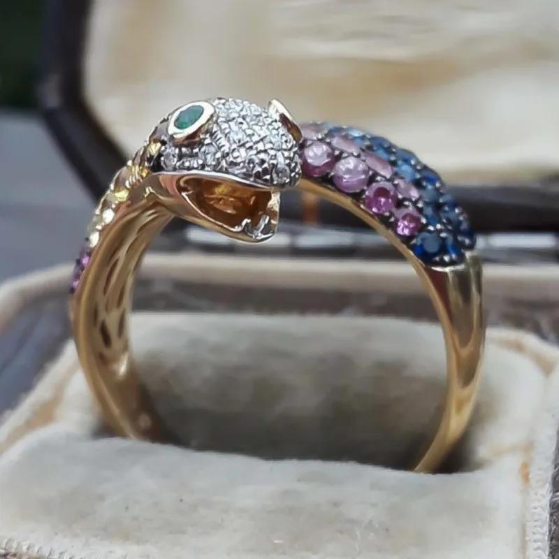 Bague de fiançailles Oeil en Cristal Arc-en-ciel Zircon Vert de Luxe Anneaux de mariage Forme Serpent Exagérée Punk pour Femmes Bijoux Bohème