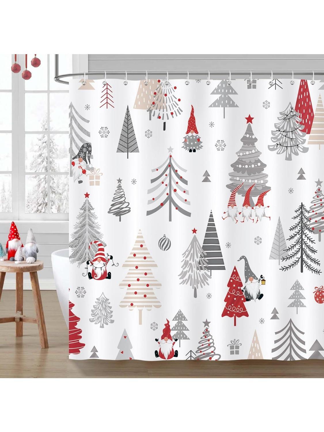 

Christmas Shower Curtain, Red Gnomes Xmas Tree Snowflake Winter Holiday Bathroom Decor Polyester Fabric Waterproof Bath Curtain W60H190(CM)-1 Pcs