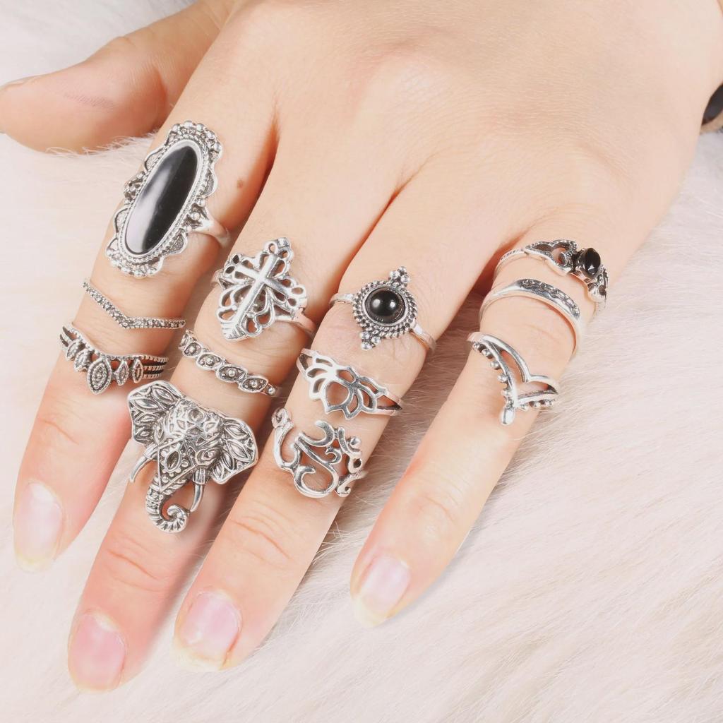Bohemian Black Gem Elephant 12-teiliges Ringset für Damen