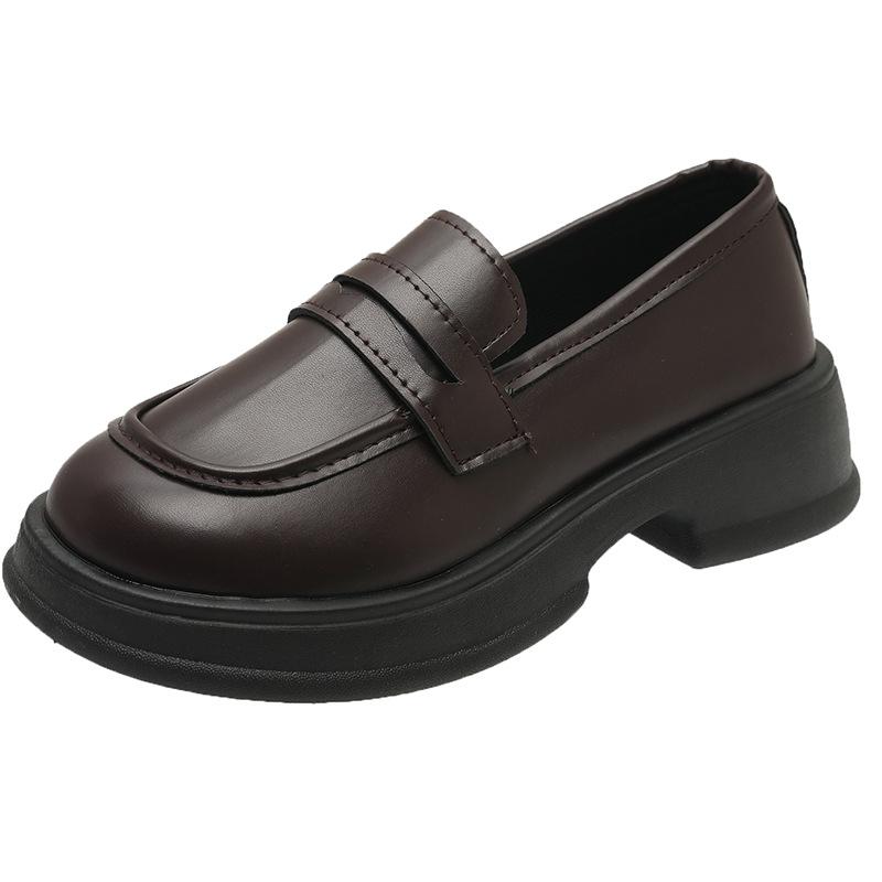 

Round head platform single shoes women s black college style small leather shoes British loafers uniform shoes 40 коричневий