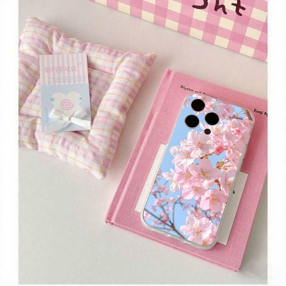 Pink Sakura Phone Case For IPhone 17 16 15 14 Plus 13 12 11 Pro Max Phone Back Cover Transparent Shockproof Cover