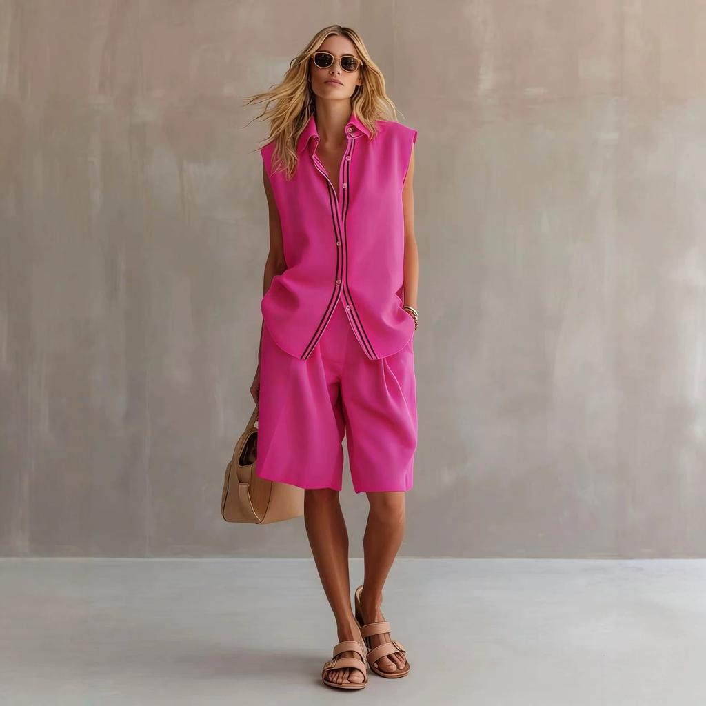 Summer New Style Fashionable Casual Two-piece Women's Single-button Sleeveless Shirt Set
