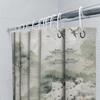 Classic Asian-inspired shower curtain with watercolor design featuring pagodas, cherry blossoms, and nature perfect for a spa-li