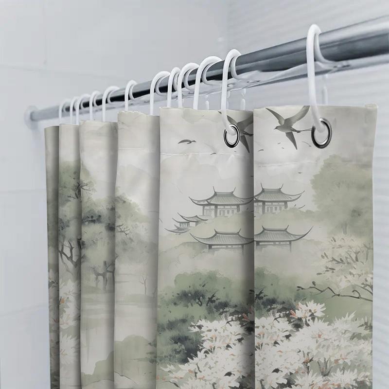 Classic Asian-inspired shower curtain with watercolor design featuring pagodas, cherry blossoms, and nature perfect for a spa-li