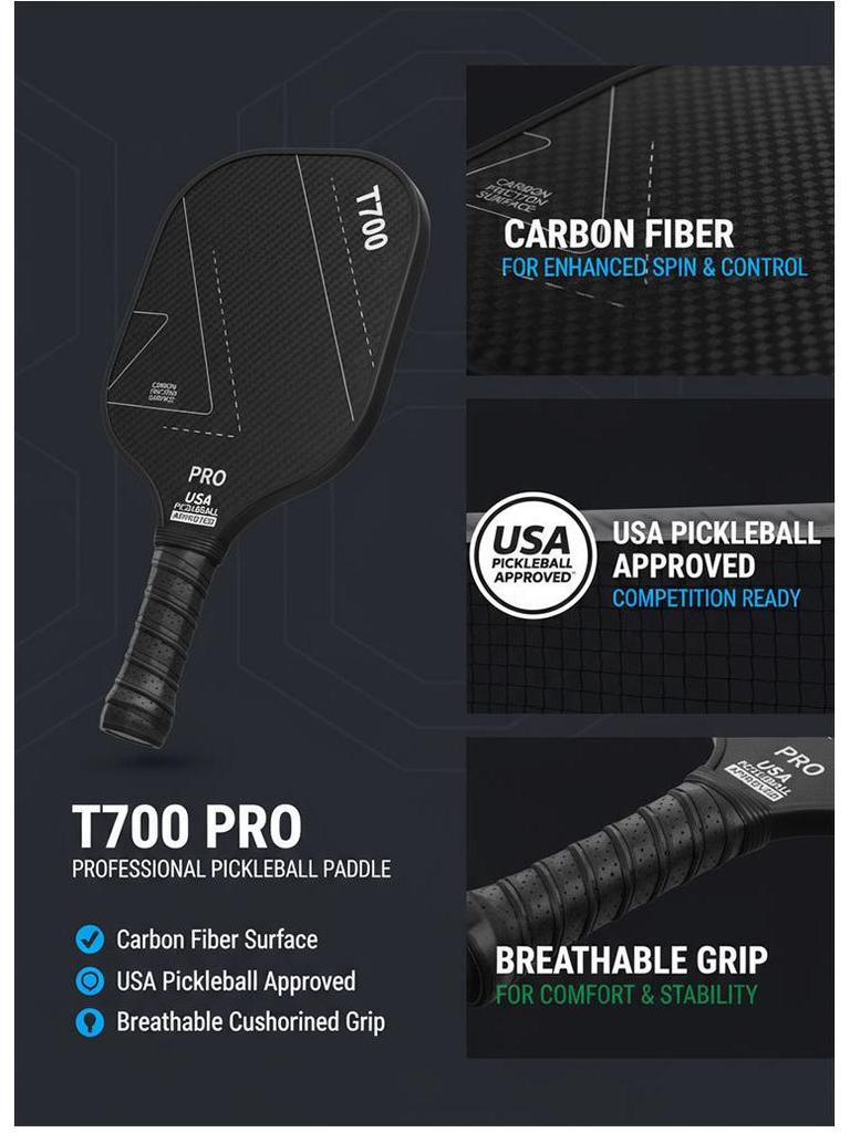 T700 Matte Carbon Fiber 16mm Pickleball Paddle - Lightweight, Professional Competition Style