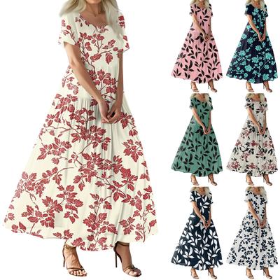 Women's Summer Casual Floral Print Short Sleeve O Neck High Waist A Line Tiered Flowy Boho Maxi Dress
