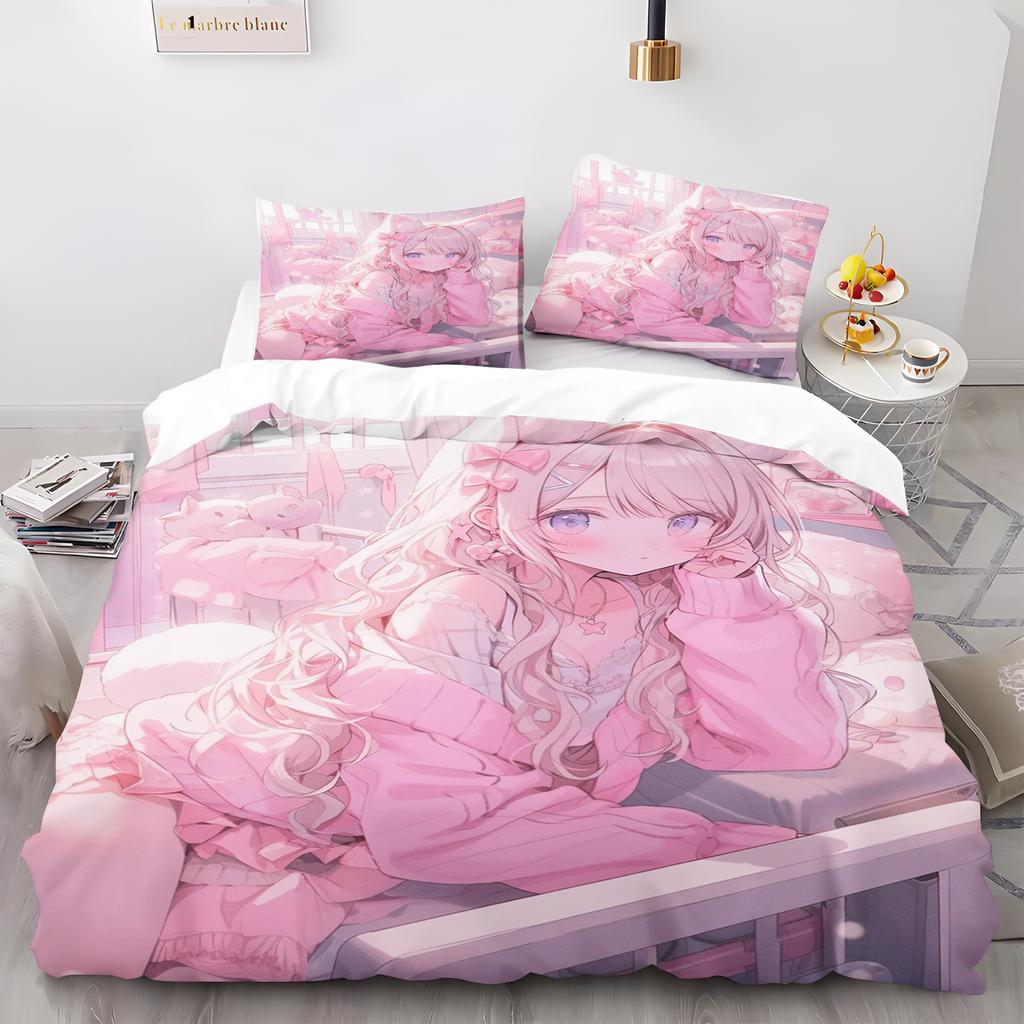 Beautiful Girl Duvet Cover Animal Cartoon 3-Piece Set Children Cute Polyester Soft Breathable Comforter Animation Bedding