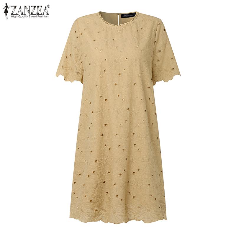 ZANZEA Rochie Casual de Damă cu Gât Rotund, Mânecă Scurtă, Patchwork, Brodată