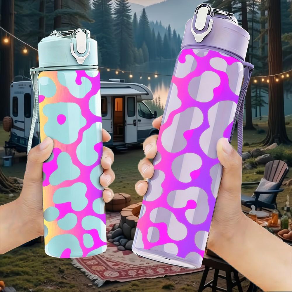 1PC Colorful Neon Leopard Pattern Print 750ml Color Plastic Sports Water Bottle Leakproof Flip Straw Lid Suitable for Sports Office Home Use