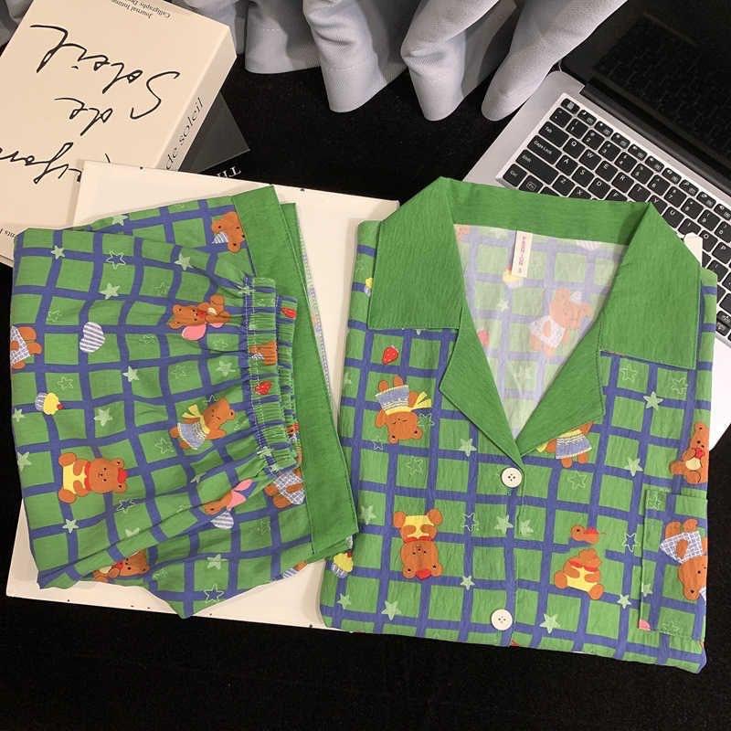 

Internet celebrities new green plaid Christmas bear pajamas women s summer short-sleeved shorts cardigan lapel two-piece loungewear XXL