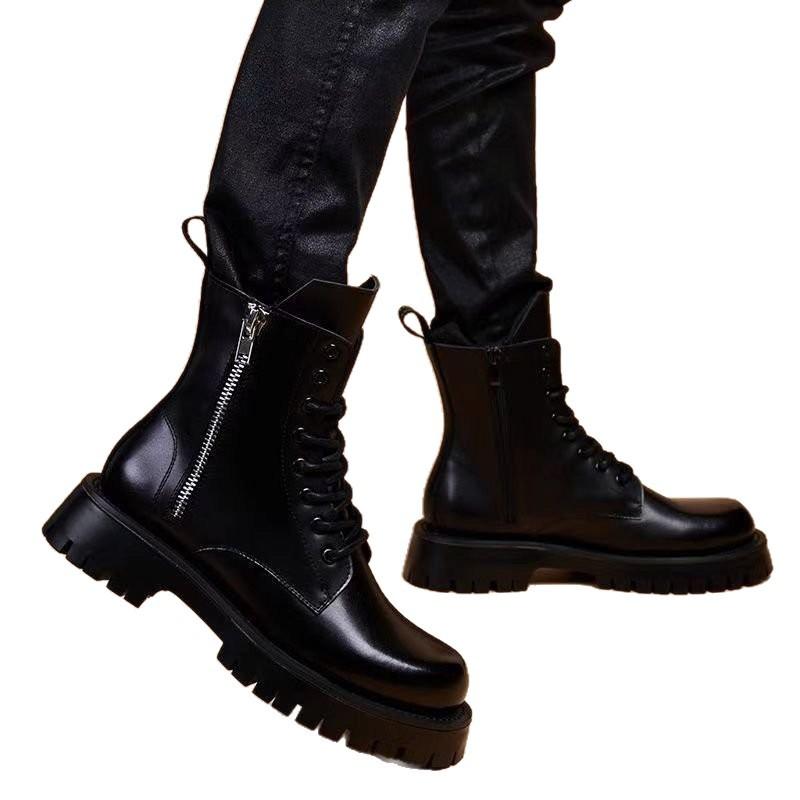Cool handsome Martin boots women's Korean version tooling boots British high-top thick-bottomed trendy soft leather boots black versatile leather