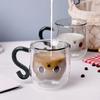 Creative cartoon cat double cup household large capacity drinking cup with handle transparent high temperature resistant glass coffee cup
