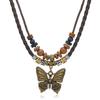 Literary Retro Butterfly Alloy Multi-layer Wooden Beads Knotted and Pullable Hand-woven Necklaces, Jewelry