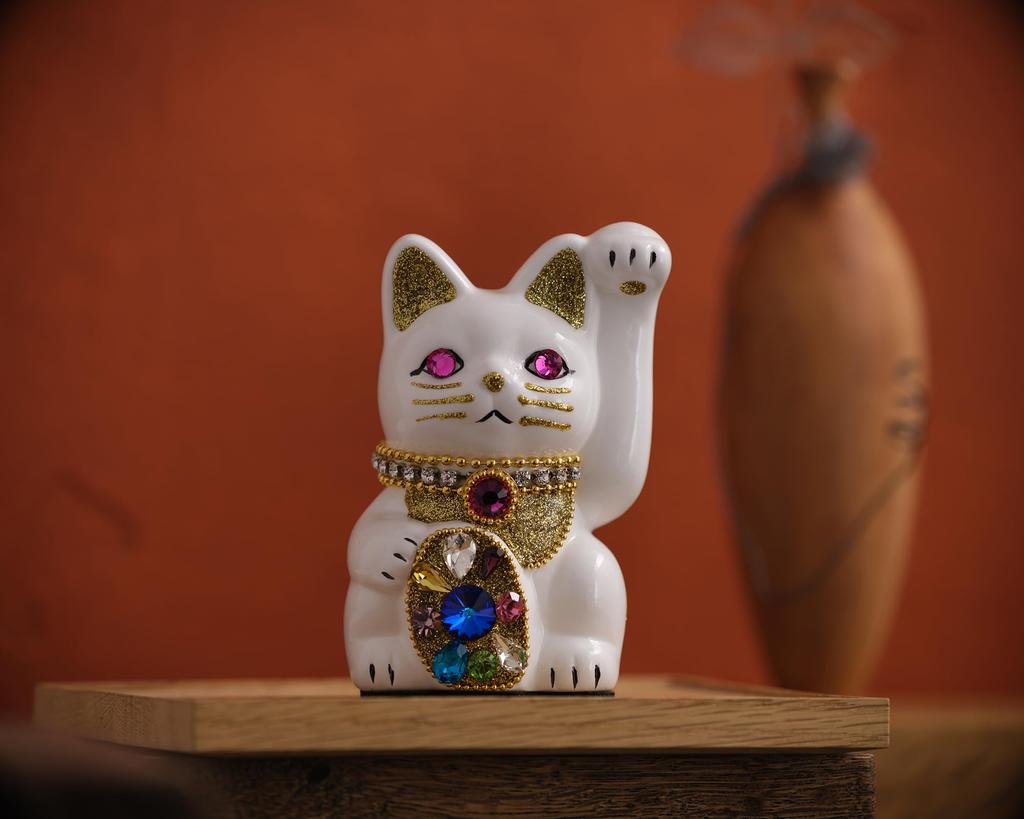 Glückskatze Schmuck Katze Mehrfarbig Linke Pfote erhoben Keramik Glückskatze Glücksbringer Feng Shui Ornament (S-SIZE Weiß) / _ Glückskatze (jwc_S Weiß)