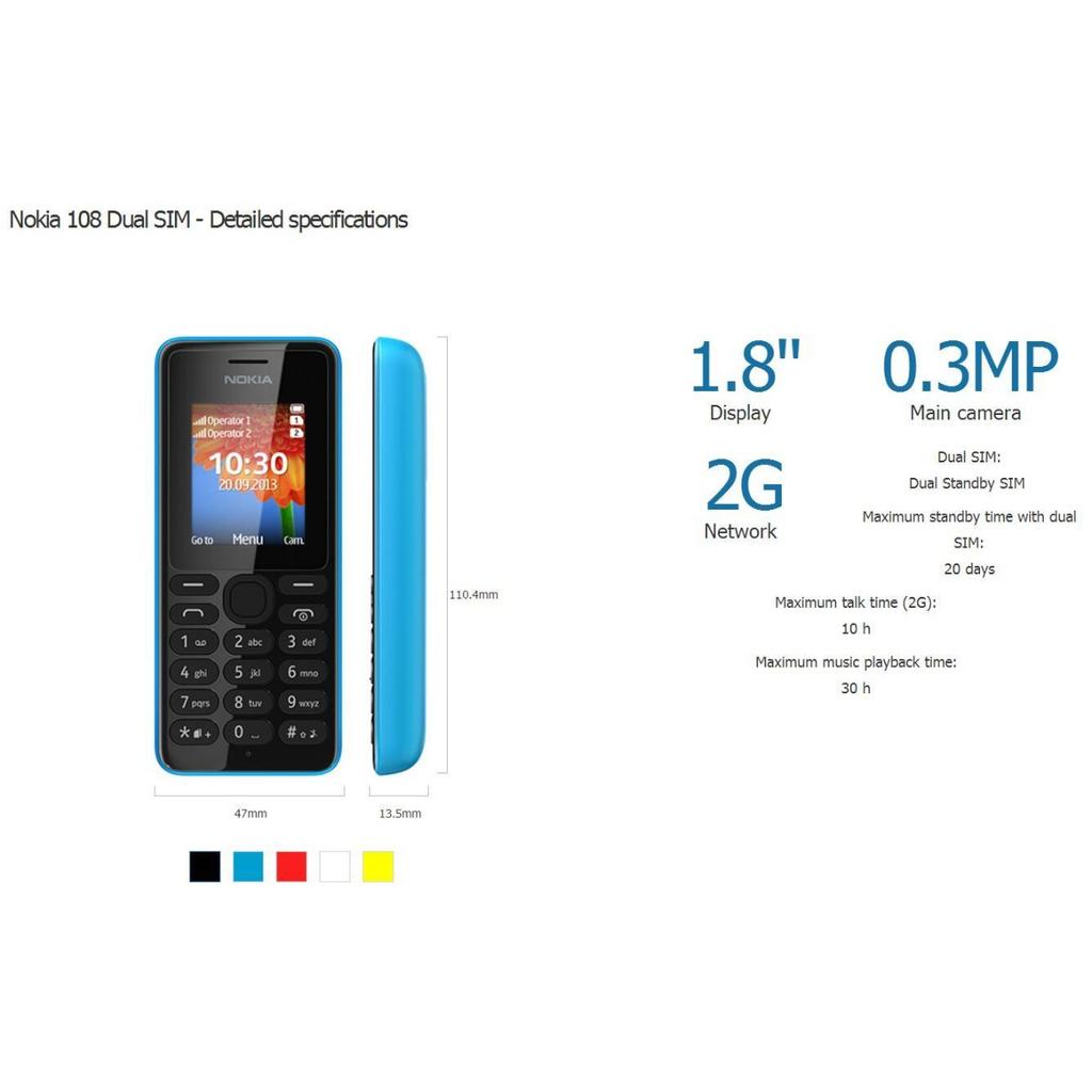 Refurbished Nokia 108 Dual Sim GSM Bluetooth FM Radio English/Russian/Arabic Keyboard Mobile Phone