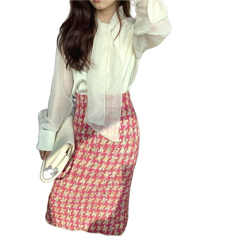 Women's High-Waisted Tweed Plaid Midi Skirt - Spring/Autumn/Winter Coco Style