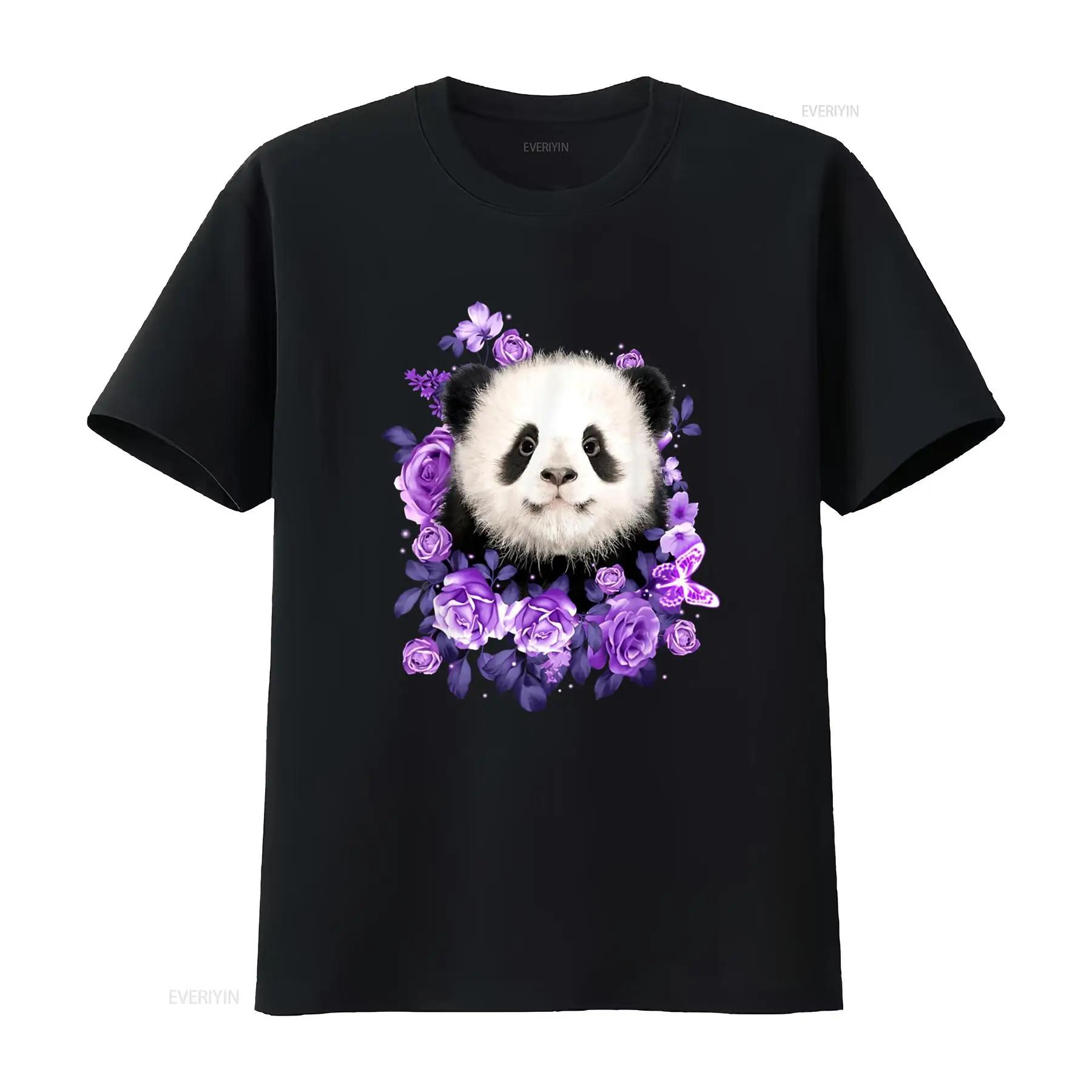 

Cute Panda Purple Flowers Lovers T Shirt Vintage Washed Casual Fashion Soft Slightly Streetwear Versatile Comfortable - Men s... S разноцветный