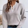 Women's Autumn & Winter Lace Trim V-Neck Sweater, Solid Color Loose Long Sleeve Knit Top S-XL