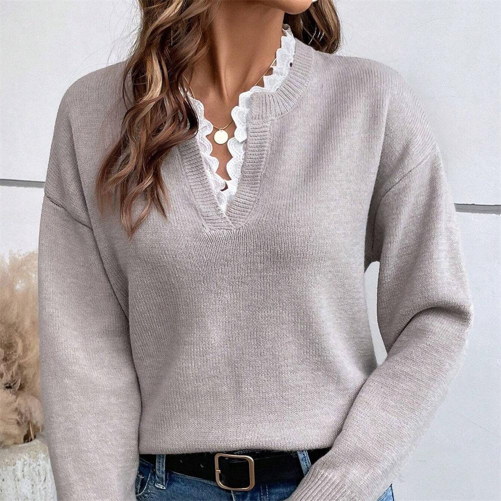 Women's Autumn & Winter Lace Trim V-Neck Sweater, Solid Color Loose Long Sleeve Knit Top S-XL
