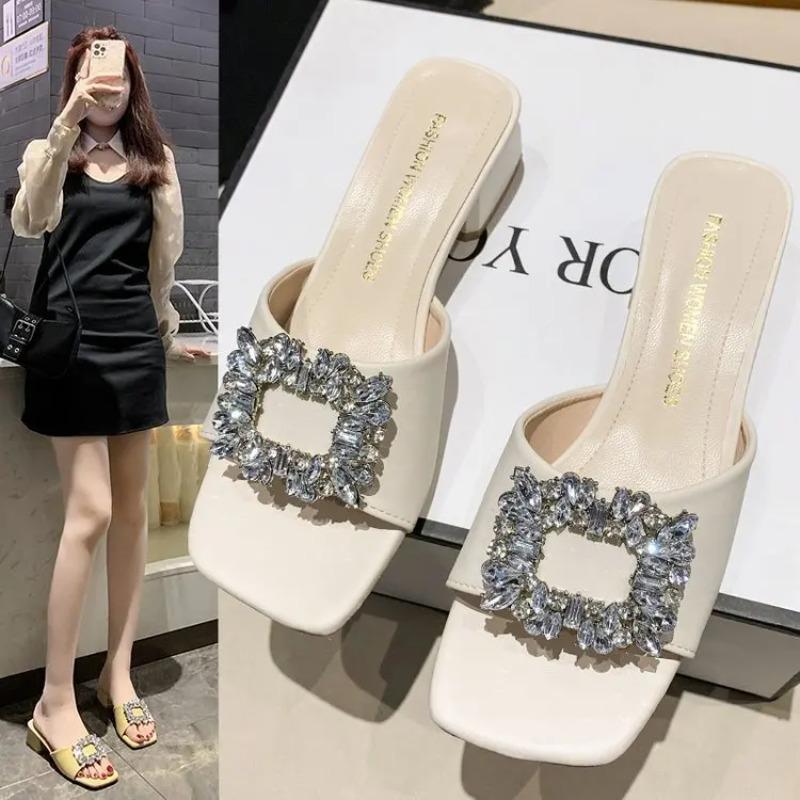 Fashion Women's Slippers Summer 2024 Rhinestones Mid Heel Elegant Sandals  Fashion Outdoor Beach Shoes Slides Chanclas Mujer Playa