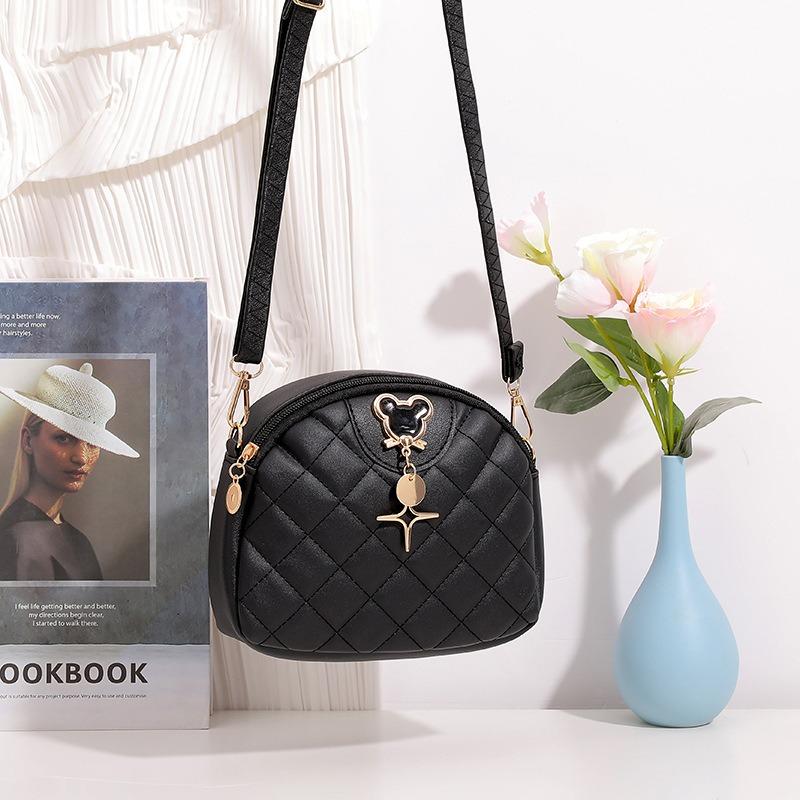 Embroidered Rhombus Pearl Pendant Single Shoulder Crossbody Small Round Bag Texture Niche Design Women's Bag