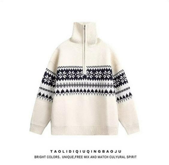 Men's Retro High Neck Knit Sweater - Warm, Loose, Half-Zip for Autumn & Winter