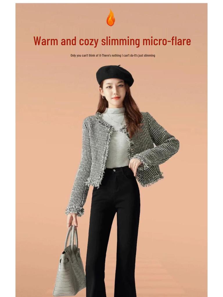 Women's Fluffy Thickened Black Bell Bottom Pants - Winter 2026 High Waist Slimming Micro Flare Jeans