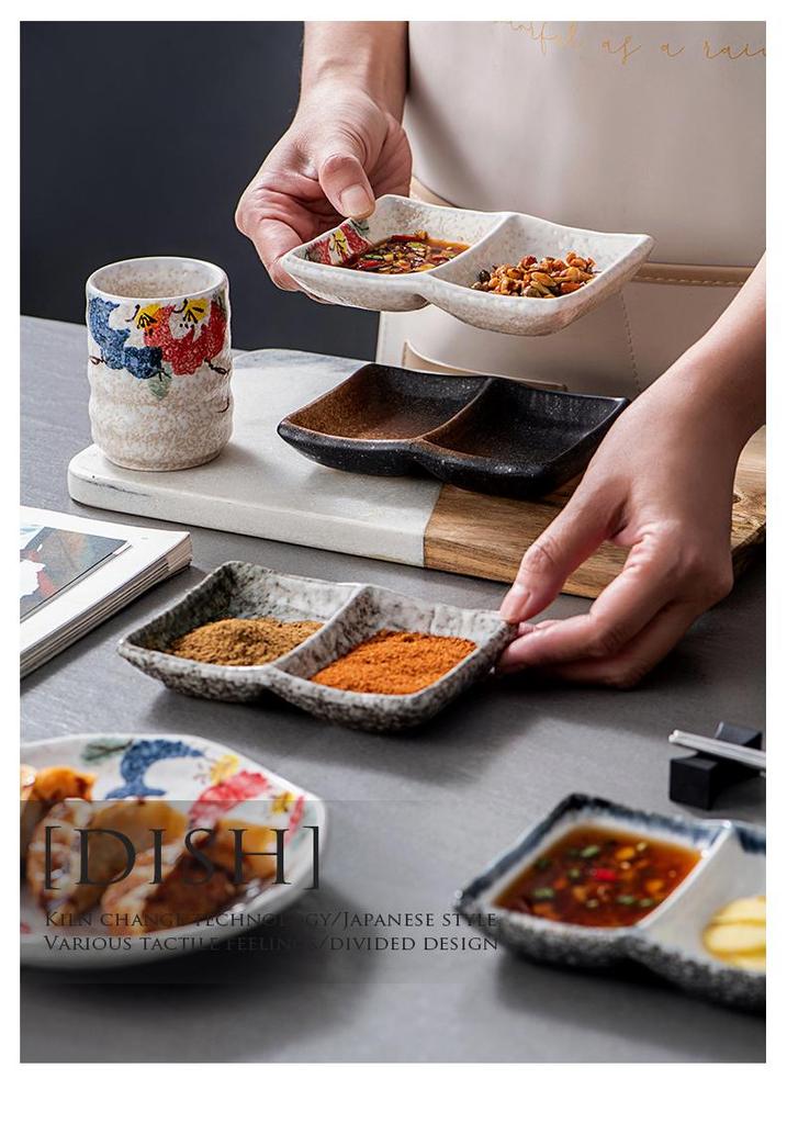 Japanese Ceramic Double-Compartment Dish for Dipping Sauces and Seasonings