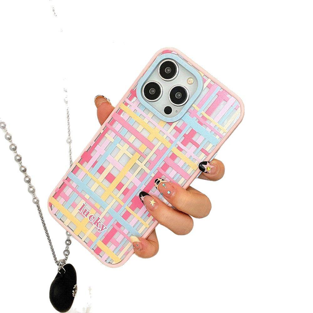 New Creative Checked Contrasting Acrylic Phone Case Suitable for Apple 16promax Pink Apple 15 Protective Case