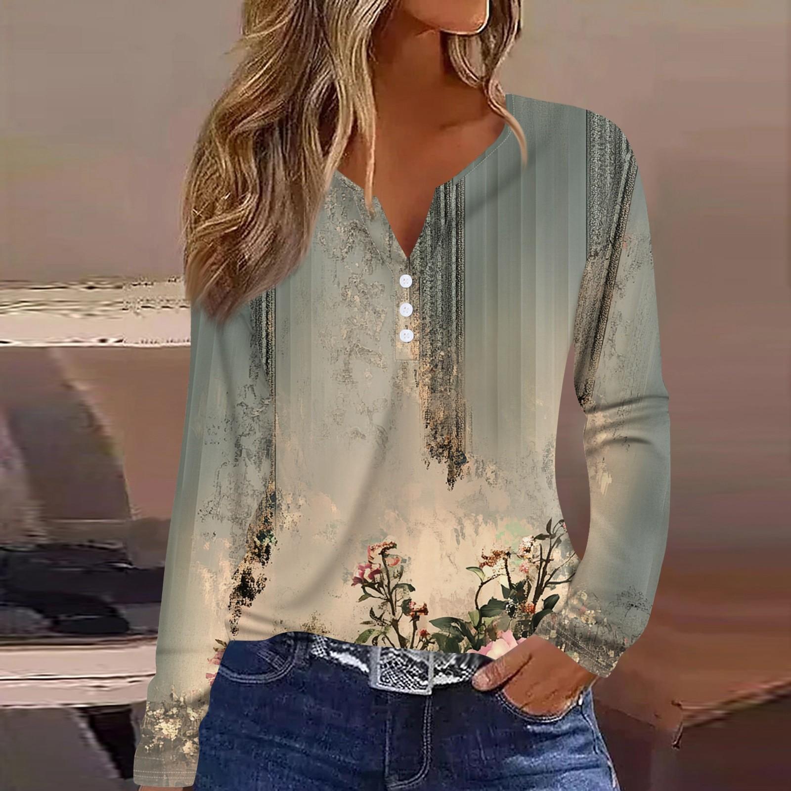 

Жен. Футболка Футболка С принтом Пуговицы Длинный рукав Повседневные Выходные Мода Классический V-образный вырез Обычный Верх S